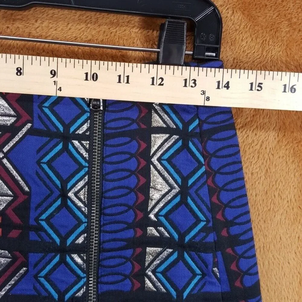 J CREW Skirt Womens Size 4 Blue A-Line Front Zip Geometric Aztec Preppy